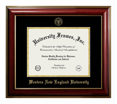 Western New England University Diploma Frame in Classic Mahogany with Gold Trim with Black & Gold Mats for DOCUMENT: 8 1/2"H X 11"W  