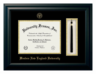 Western New England University Diploma with Tassel Box Frame in Satin Black with Black & Gold Mats for DOCUMENT: 8 1/2"H X 11"W  