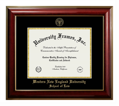 Western New England University School of Law Diploma Frame in Classic Mahogany with Gold Trim with Black & Gold Mats for DOCUMENT: 8 1/2"H X 11"W  