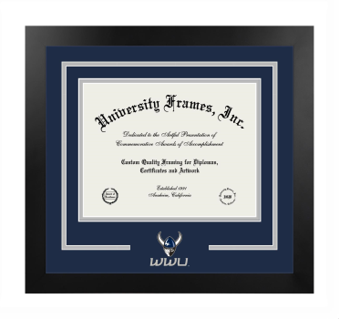 Logo Mat Frame in Manhattan Black with Navy Blue & Gray Mats for DOCUMENT: 8 1/2"H X 11"W  