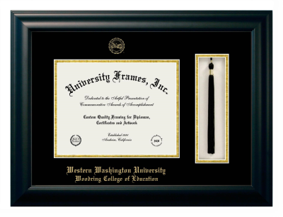 Western Washington University Woodring College of Education Diploma with Tassel Box Frame in Satin Black with Black & Gold Mats for DOCUMENT: 8 1/2"H X 11"W  