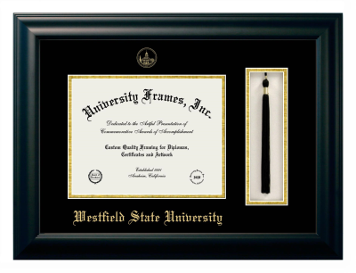 Westfield State University Diploma with Tassel Box Frame in Satin Black with Black & Gold Mats for DOCUMENT: 8 1/2"H X 11"W  