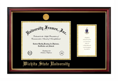 Diploma with Announcement Frame in Petite Mahogany with Gold Trim with Black & Gold Mats for DOCUMENT: 8 1/2"H X 11"W  ,  7"H X 4"W  