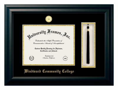 Windward Community College Diploma with Tassel Box Frame in Satin Black with Black & Gold Mats for DOCUMENT: 8 1/2"H X 11"W  