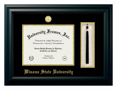 Winona State University Diploma with Tassel Box Frame in Satin Black with Black & Gold Mats for DOCUMENT: 8 1/2"H X 11"W  