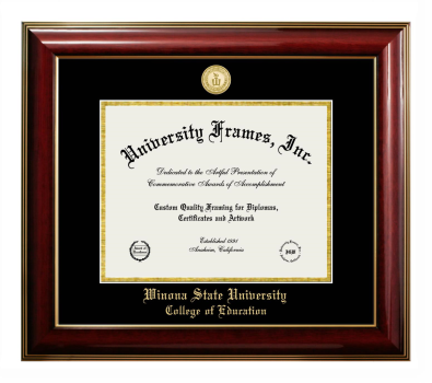 Winona State University College of Education Diploma Frame in Classic Mahogany with Gold Trim with Black & Gold Mats for DOCUMENT: 8 1/2"H X 11"W  