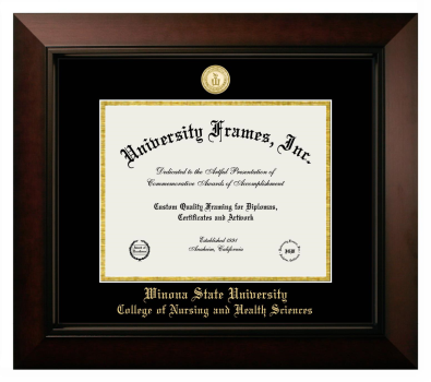 Winona State University College of Nursing and Health Sciences Diploma Frame in Legacy Black Cherry with Black & Gold Mats for DOCUMENT: 8 1/2"H X 11"W  