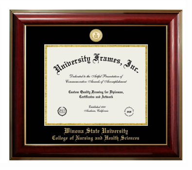 Winona State University College of Nursing and Health Sciences Diploma Frame in Classic Mahogany with Gold Trim with Black & Gold Mats for DOCUMENT: 8 1/2"H X 11"W  