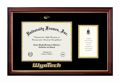 Diploma with Announcement Frame in Petite Mahogany with Gold Trim with Black & Gold Mats for DOCUMENT: 8 1/2"H X 11"W  ,  7"H X 4"W  