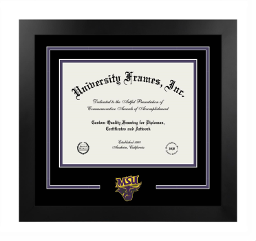 Minnesota State University Mankato Logo Mat Frame in Manhattan Black with Black & Purple Mats for DOCUMENT: 8 1/2"H X 11"W  