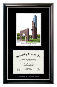 Minnesota State University Mankato Double Opening with Campus Image (Stacked) Frame in Classic Ebony with Silver Trim with Black & Silver Mats for DOCUMENT: 8 1/2"H X 11"W  