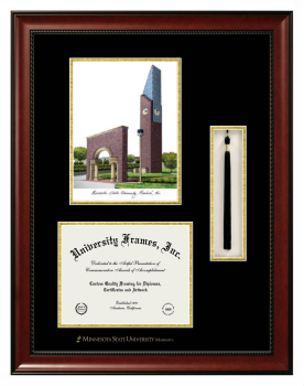 Double Opening with Campus Image & Tassel Box (Stacked) Frame in Avalon Mahogany with Black & Gold Mats for DOCUMENT: 8 1/2"H X 11"W  