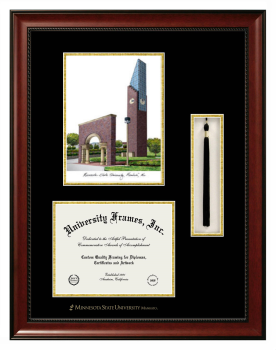 Minnesota State University Mankato Double Opening with Campus Image & Tassel Box (Stacked) Frame in Avalon Mahogany with Black & Gold Mats for DOCUMENT: 8 1/2"H X 11"W  