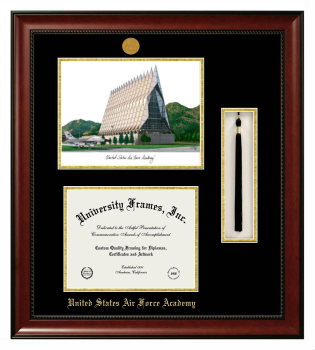 Double Opening with Campus Image & Tassel Box (Stacked) Frame in Avalon Mahogany with Black & Gold Mats for DOCUMENT: 8 1/2"H X 11"W  