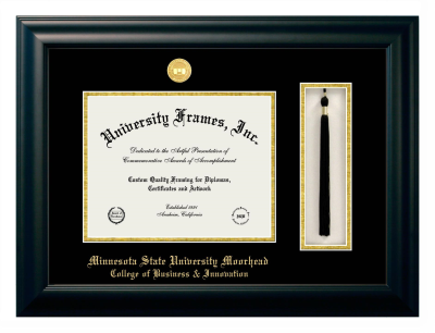 Minnesota State University Moorhead College of Business & Innovation Diploma with Tassel Box Frame in Satin Black with Black & Gold Mats for DOCUMENT: 8 1/2"H X 11"W  