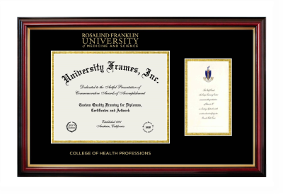 Diploma with Announcement Frame in Petite Mahogany with Gold Trim with Black & Gold Mats for DOCUMENT: 8 1/2"H X 11"W  ,  7"H X 4"W  