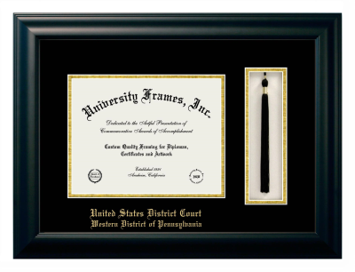 United States District Court Western District of Pennsylvania Diploma with Tassel Box Frame in Satin Black with Black & Gold Mats for DOCUMENT: 8 1/2"H X 11"W  