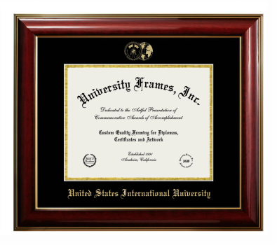 United States International University Diploma Frame in Classic Mahogany with Gold Trim with Black & Gold Mats for DOCUMENT: 8 1/2"H X 11"W  