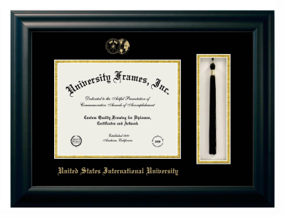 United States International University Diploma with Tassel Box Frame in Satin Black with Black & Gold Mats for DOCUMENT: 8 1/2"H X 11"W  