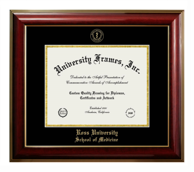 Ross University School of Medicine Diploma Frame in Classic Mahogany with Gold Trim with Black & Gold Mats for DOCUMENT: 8 1/2"H X 11"W  