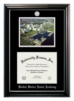 Double Opening with Campus Image (Stacked) Frame in Classic Ebony with Silver Trim with Black & Silver Mats for DOCUMENT: 8 1/2"H X 11"W  