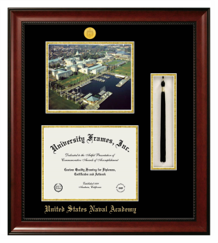 Double Opening with Campus Image & Tassel Box (Stacked) Frame in Avalon Mahogany with Black & Gold Mats for DOCUMENT: 8 1/2"H X 11"W  