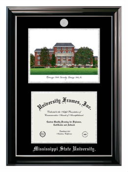 Mississippi State University Double Opening with Campus Image (Stacked) Frame in Classic Ebony with Silver Trim with Black & Silver Mats for DOCUMENT: 8 1/2"H X 11"W  