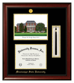 Mississippi State University Double Opening with Campus Image & Tassel Box (Stacked) Frame in Avalon Mahogany with Black & Gold Mats for DOCUMENT: 8 1/2"H X 11"W  