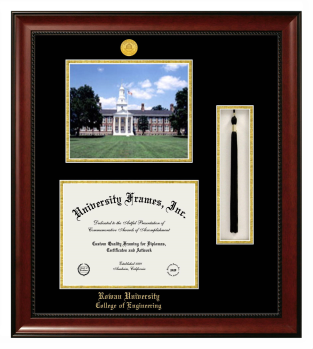 Double Opening with Campus Image & Tassel Box (Stacked) Frame in Avalon Mahogany with Black & Gold Mats for DOCUMENT: 8 1/2"H X 11"W  