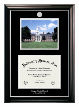 Double Opening with Campus Image (Stacked) Frame in Classic Ebony with Silver Trim with Black & Silver Mats for DOCUMENT: 8 1/2"H X 11"W  