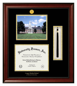 Double Opening with Campus Image & Tassel Box (Stacked) Frame in Avalon Mahogany with Black & Gold Mats for DOCUMENT: 8 1/2"H X 11"W  