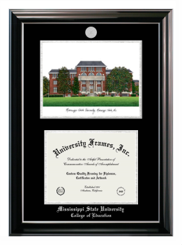 Double Opening with Campus Image (Stacked) Frame in Classic Ebony with Silver Trim with Black & Silver Mats for DOCUMENT: 8 1/2"H X 11"W  