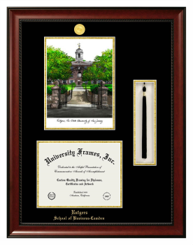 Double Opening with Campus Image & Tassel Box (Stacked) Frame in Avalon Mahogany with Black & Gold Mats for DOCUMENT: 8 1/2"H X 11"W  