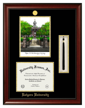 Double Opening with Campus Image & Tassel Box (Stacked) Frame in Avalon Mahogany with Black & Gold Mats for DOCUMENT: 8 1/2"H X 11"W  