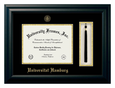 Universitat Hamburg Diploma with Tassel Box Frame in Satin Black with Black & Gold Mats for DOCUMENT: 8 1/2"H X 11"W  