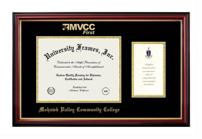 Diploma with Announcement Frame in Petite Mahogany with Gold Trim with Black & Gold Mats for DOCUMENT: 8 1/2"H X 11"W  ,  7"H X 4"W  