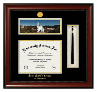 Double Opening with Campus Image & Tassel Box (Stacked) Frame in Avalon Mahogany with Black & Gold Mats for DOCUMENT: 8 1/2"H X 11"W  