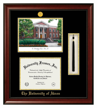 Double Opening with Campus Image & Tassel Box (Stacked) Frame in Avalon Mahogany with Black & Gold Mats for DOCUMENT: 8 1/2"H X 11"W  