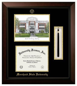 Morehead State University Double Opening with Campus Image & Tassel Box (Stacked) Frame in Legacy Black Cherry with Black & Gold Mats for DOCUMENT: 8 1/2"H X 11"W  