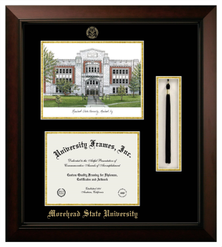 Double Opening with Campus Image & Tassel Box (Stacked) Frame in Legacy Black Cherry with Black & Gold Mats for DOCUMENT: 8 1/2"H X 11"W  