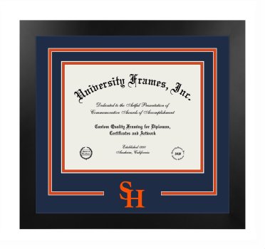 Logo Mat Frame in Manhattan Black with Navy Blue & Orange Mats for DOCUMENT: 8 1/2"H X 11"W  