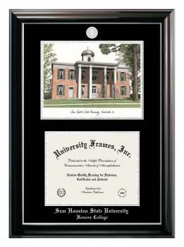 Double Opening with Campus Image (Stacked) Frame in Classic Ebony with Silver Trim with Black & Silver Mats for DOCUMENT: 8 1/2"H X 11"W  