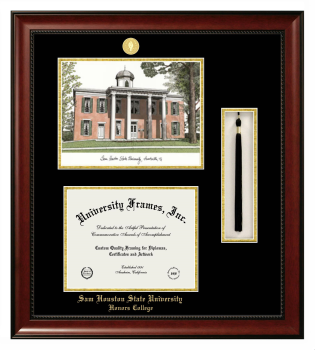 Double Opening with Campus Image & Tassel Box (Stacked) Frame in Avalon Mahogany with Black & Gold Mats for DOCUMENT: 8 1/2"H X 11"W  