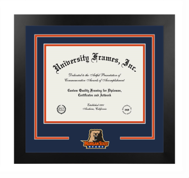 Morgan State University Logo Mat Frame in Manhattan Black with Navy Blue & Orange Mats for DOCUMENT: 8 1/2"H X 11"W  