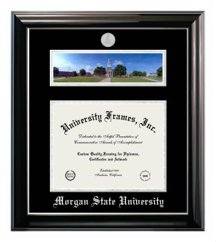 Morgan State University Double Opening with Campus Image (Stacked) Frame in Classic Ebony with Silver Trim with Black & Silver Mats for DOCUMENT: 8 1/2"H X 11"W  
