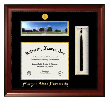 Double Opening with Campus Image & Tassel Box (Stacked) Frame in Avalon Mahogany with Black & Gold Mats for DOCUMENT: 8 1/2"H X 11"W  