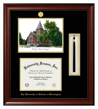 Double Opening with Campus Image & Tassel Box (Stacked) Frame in Avalon Mahogany with Black & Gold Mats for DOCUMENT: 8 1/2"H X 11"W  