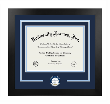 Logo Mat Frame in Manhattan Black with Navy Blue & Light Blue Mats for DOCUMENT: 8 1/2"H X 11"W  