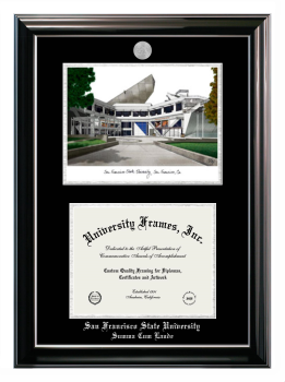 Double Opening with Campus Image (Stacked) Frame in Classic Ebony with Silver Trim with Black & Silver Mats for DOCUMENT: 8 1/2"H X 11"W  