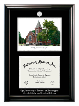 Double Opening with Campus Image (Stacked) Frame in Classic Ebony with Silver Trim with Black & Silver Mats for DOCUMENT: 8 1/2"H X 11"W  